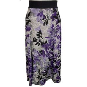 Calvin Klein Midi Skirt Women's XL Purple Gray‎ Black Floral Asymmetrical NEW
